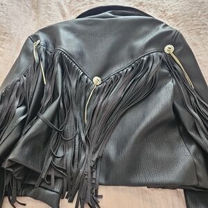 Forever 21 Black Faux Leather Jacket with Fringe and Gold Accents